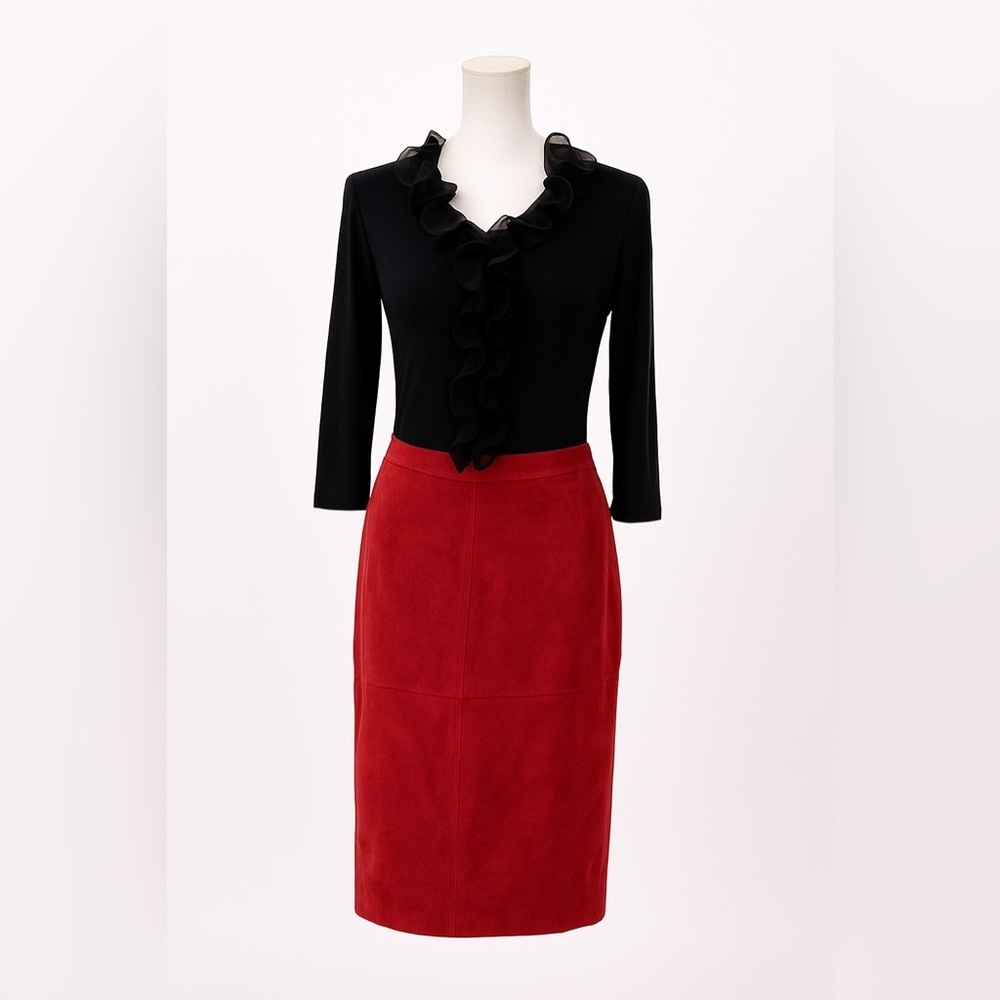 August Silk Red Suede Midi Length Skirt Womens‎ Size 10 Wine Fall Quiet Luxury
